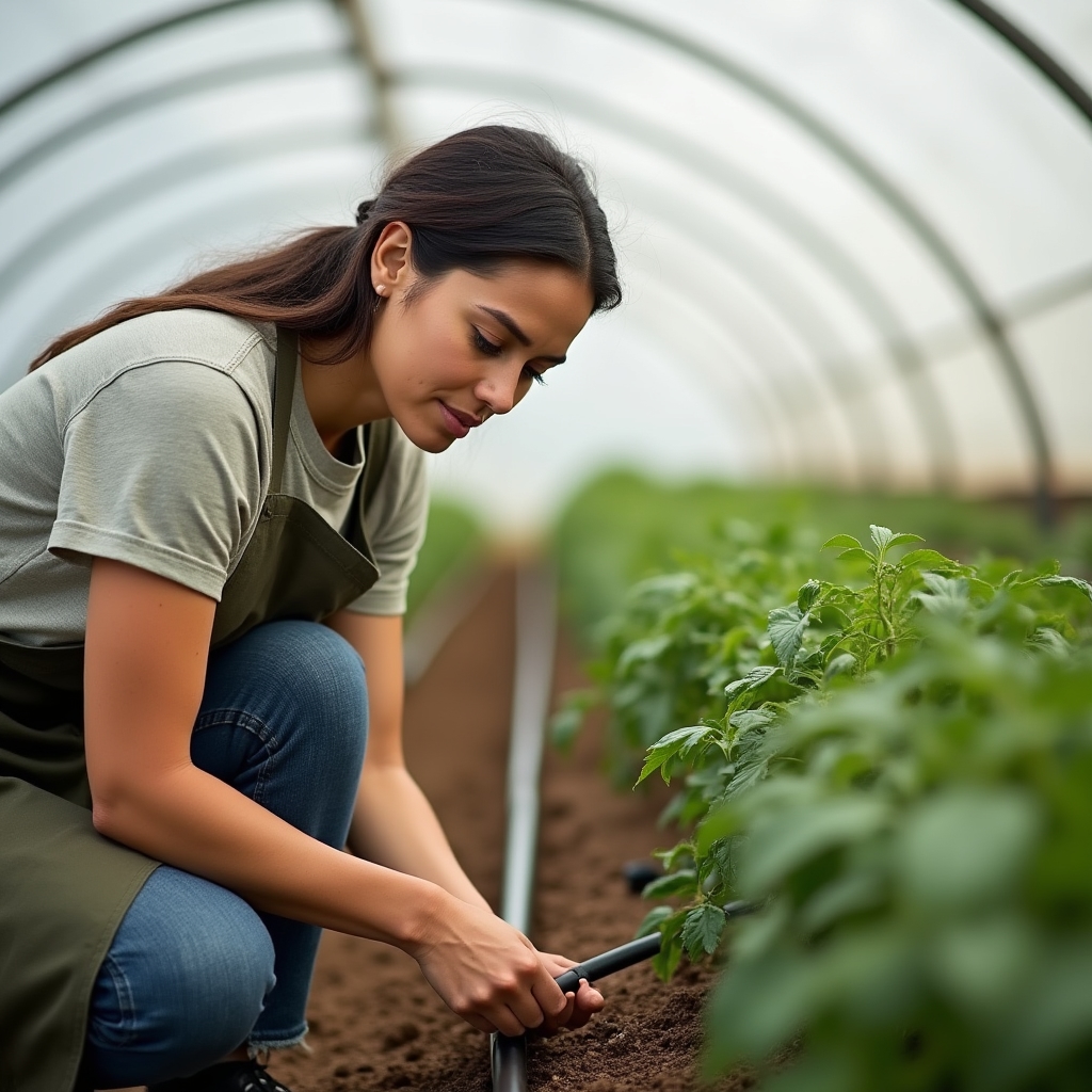 Productora hortícola revisando una línea de goteo dentro de un invernadero de tomate