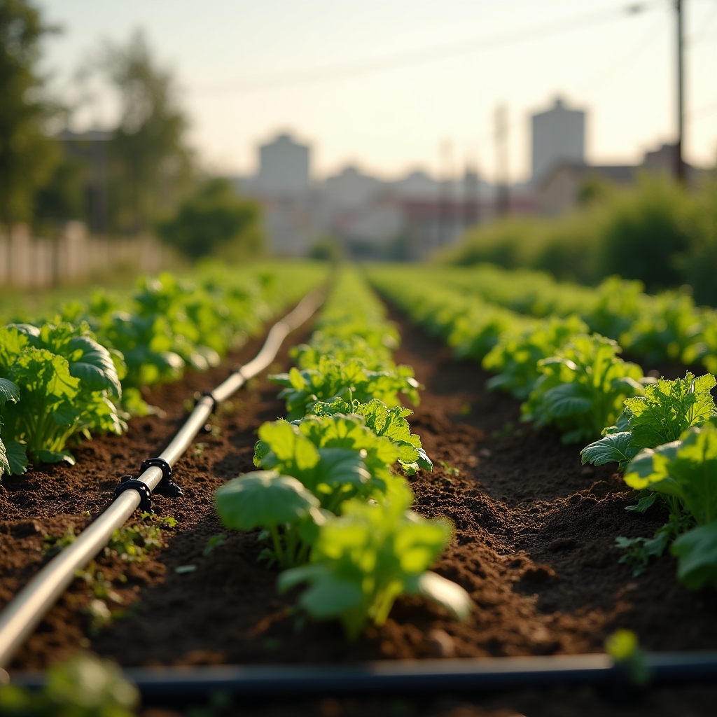 Huerta periurbana con hileras de hortalizas y mangueras de riego tendidas entre los surcos