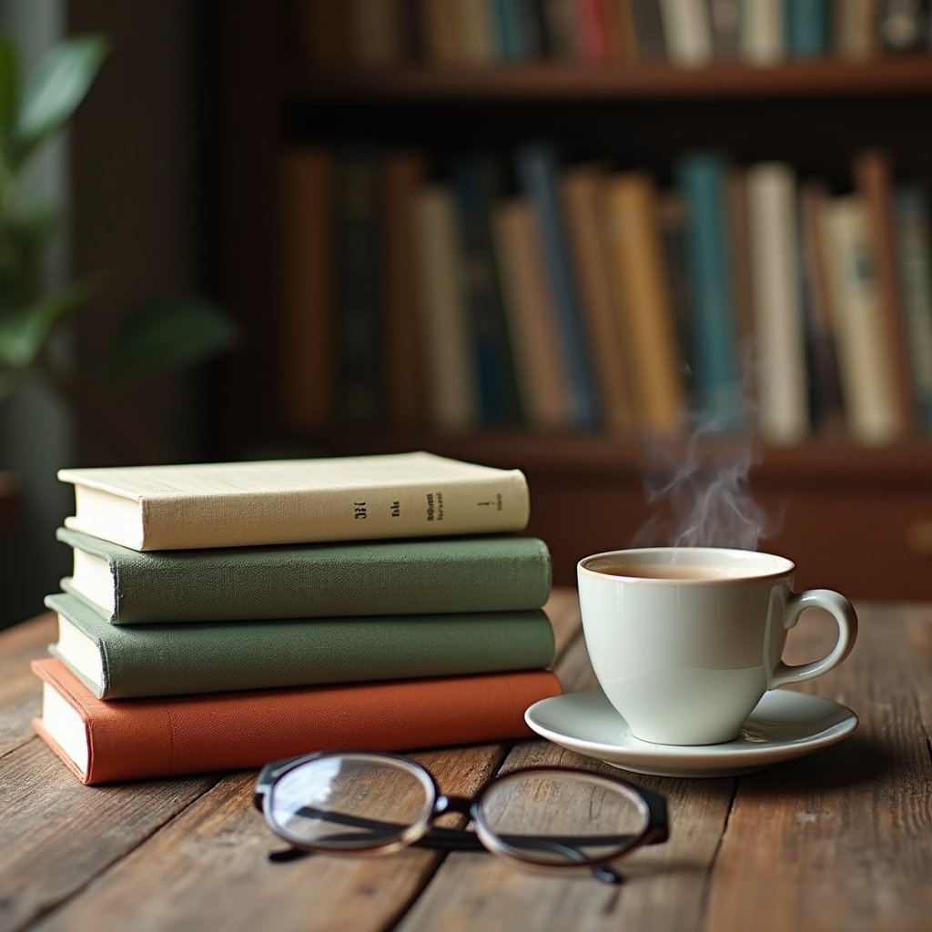 Libros sobre agricultura y manejo del agua apilados sobre una mesa de madera