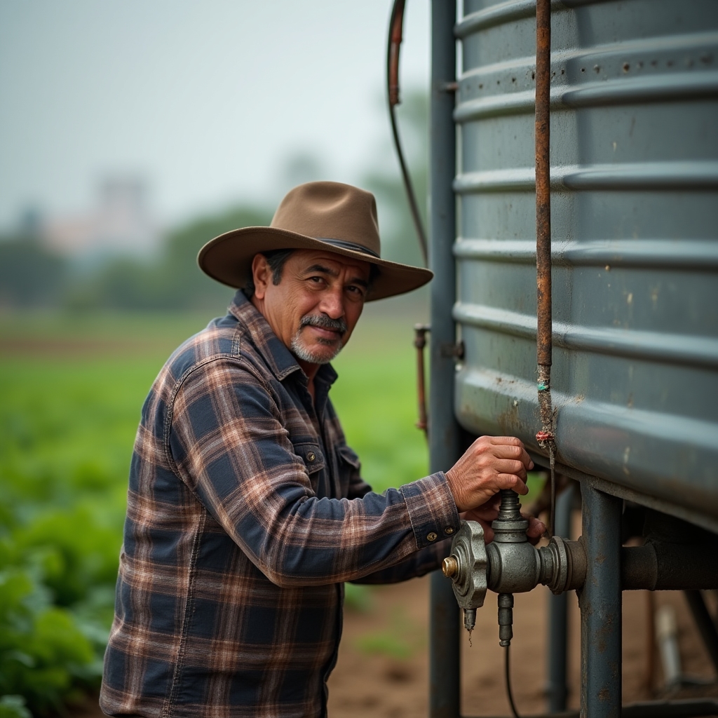 Productor de hortalizas ajustando una válvula de riego junto a un tanque elevado de agua